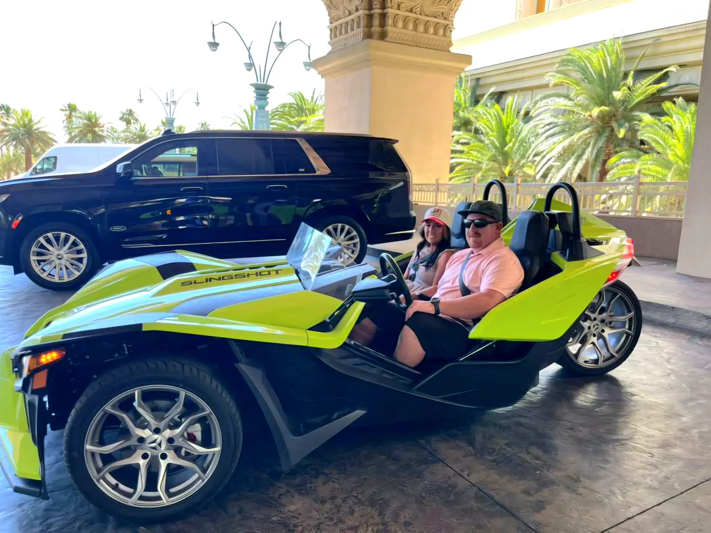 Lime green Polaris Slingshot rental in Las Vegas